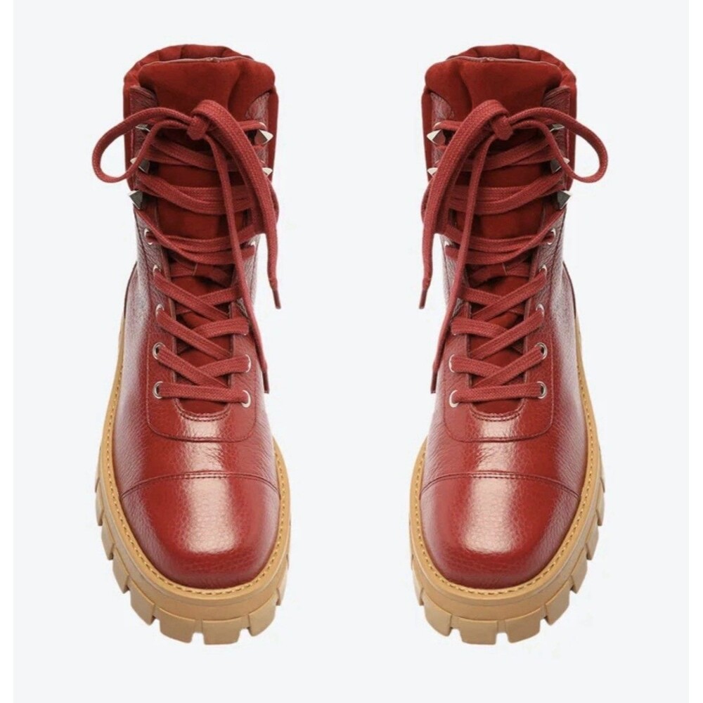 NIB Schutz Women’s Sutton Leather Lace Up Lug Sole Platform Booties Red Sz 7.5